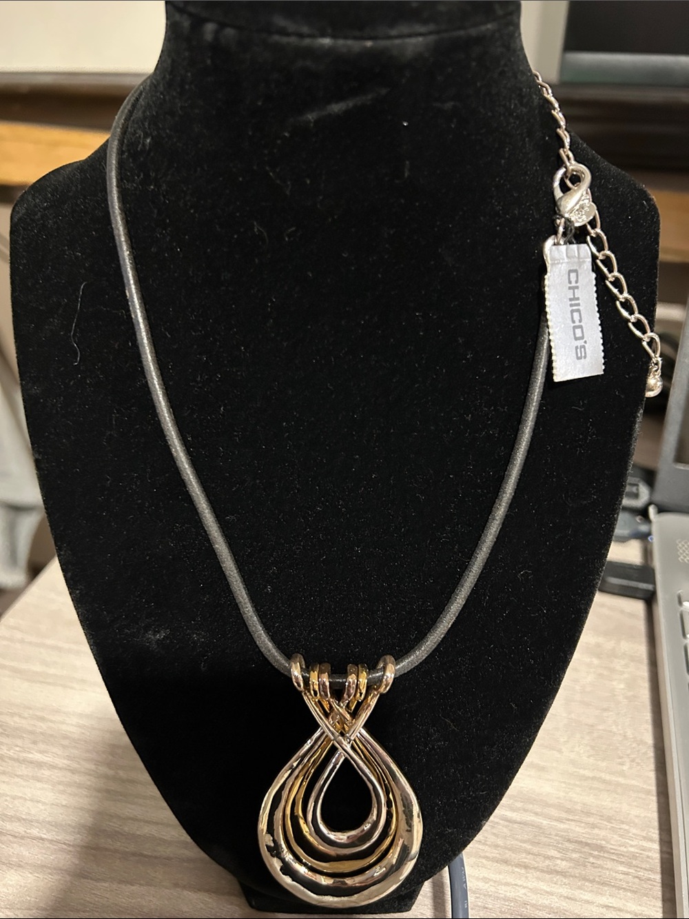 Chico's Two-Tone Gold & Silver Teardrop Pendant Necklace on Black Cord